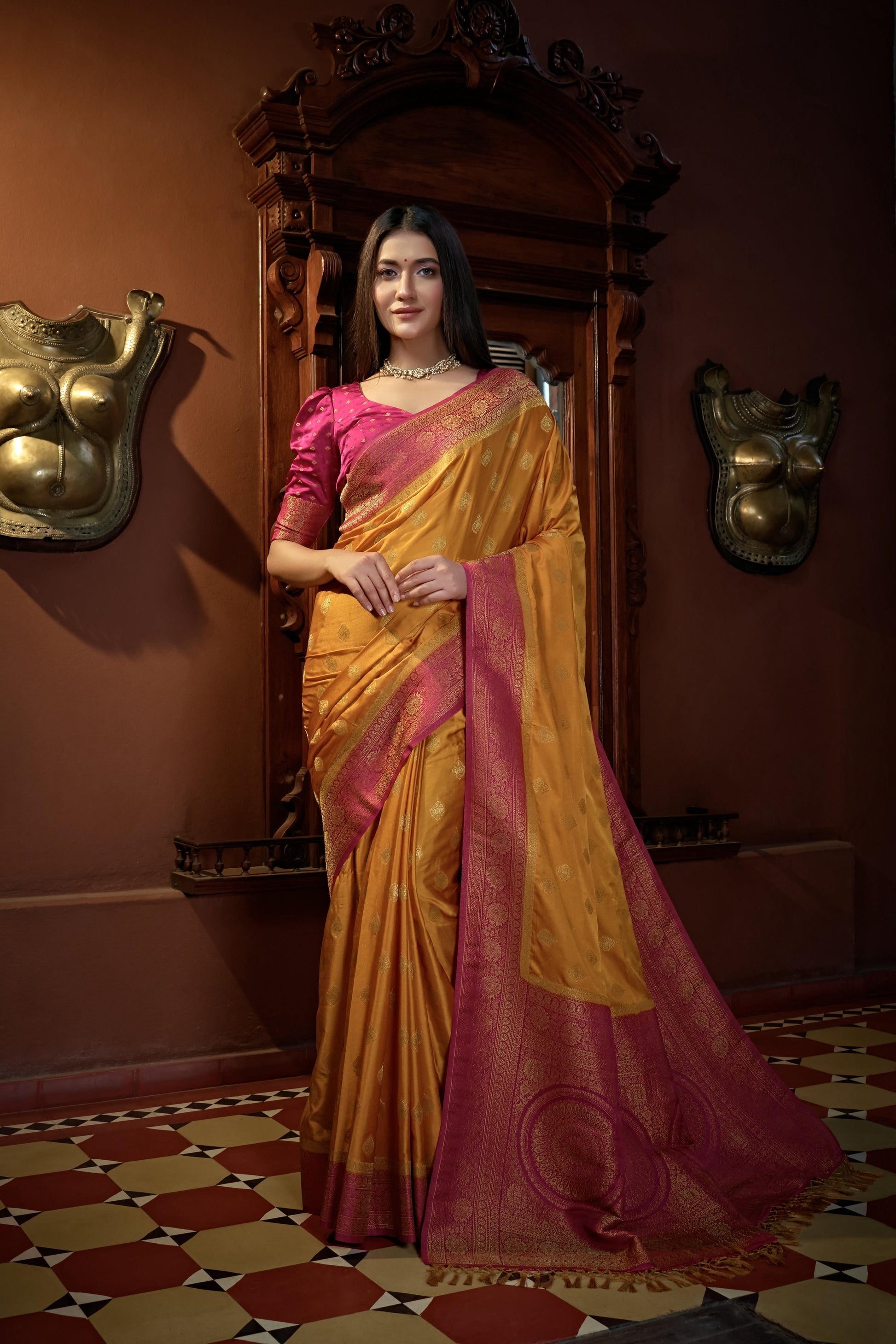 Vardha Sunset Yellow Golden Zari Banarasi Satin Silk Saree | Swadesiicart