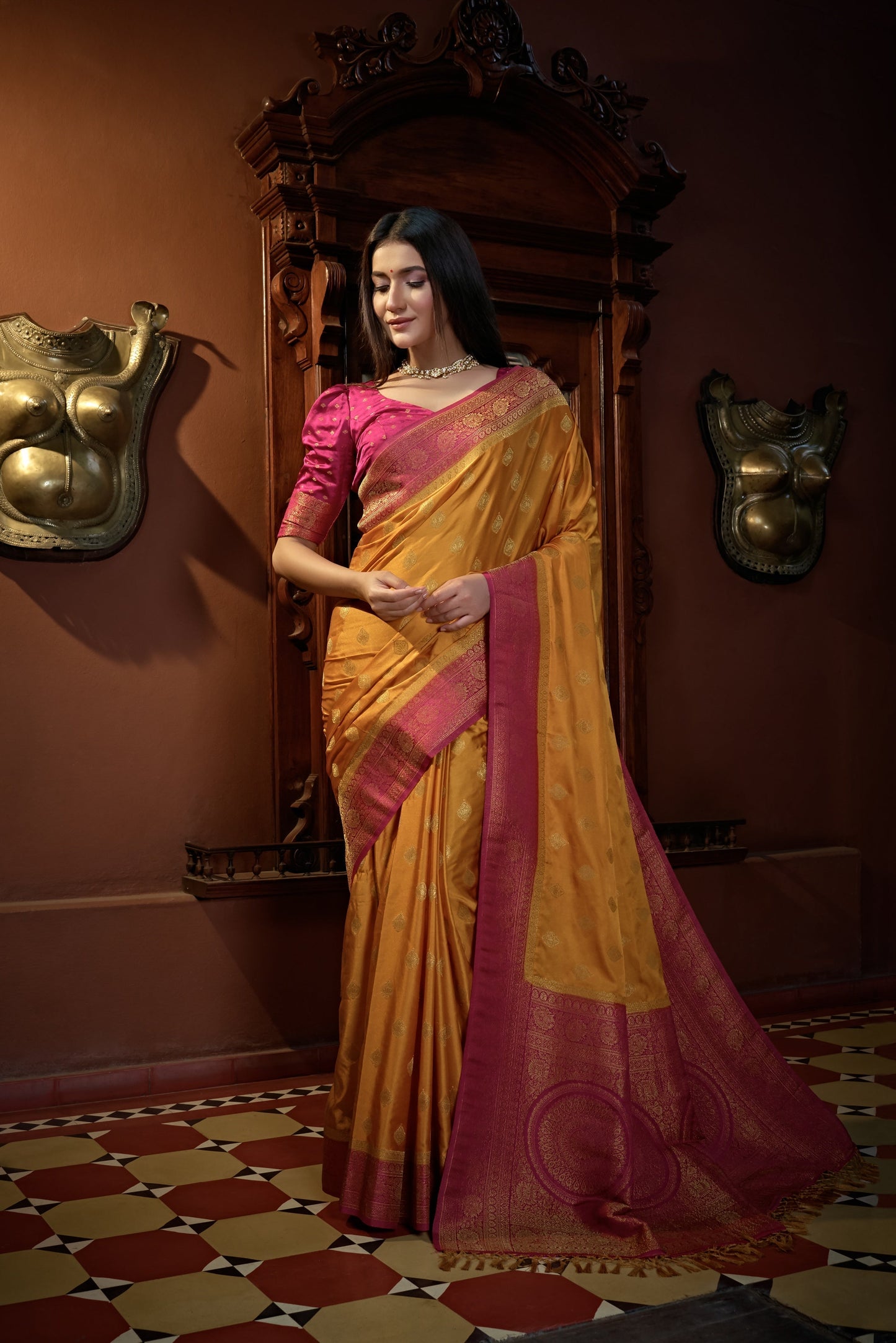 Vardha Sunset Yellow Golden Zari Banarasi Satin Silk Saree | Swadesiicart