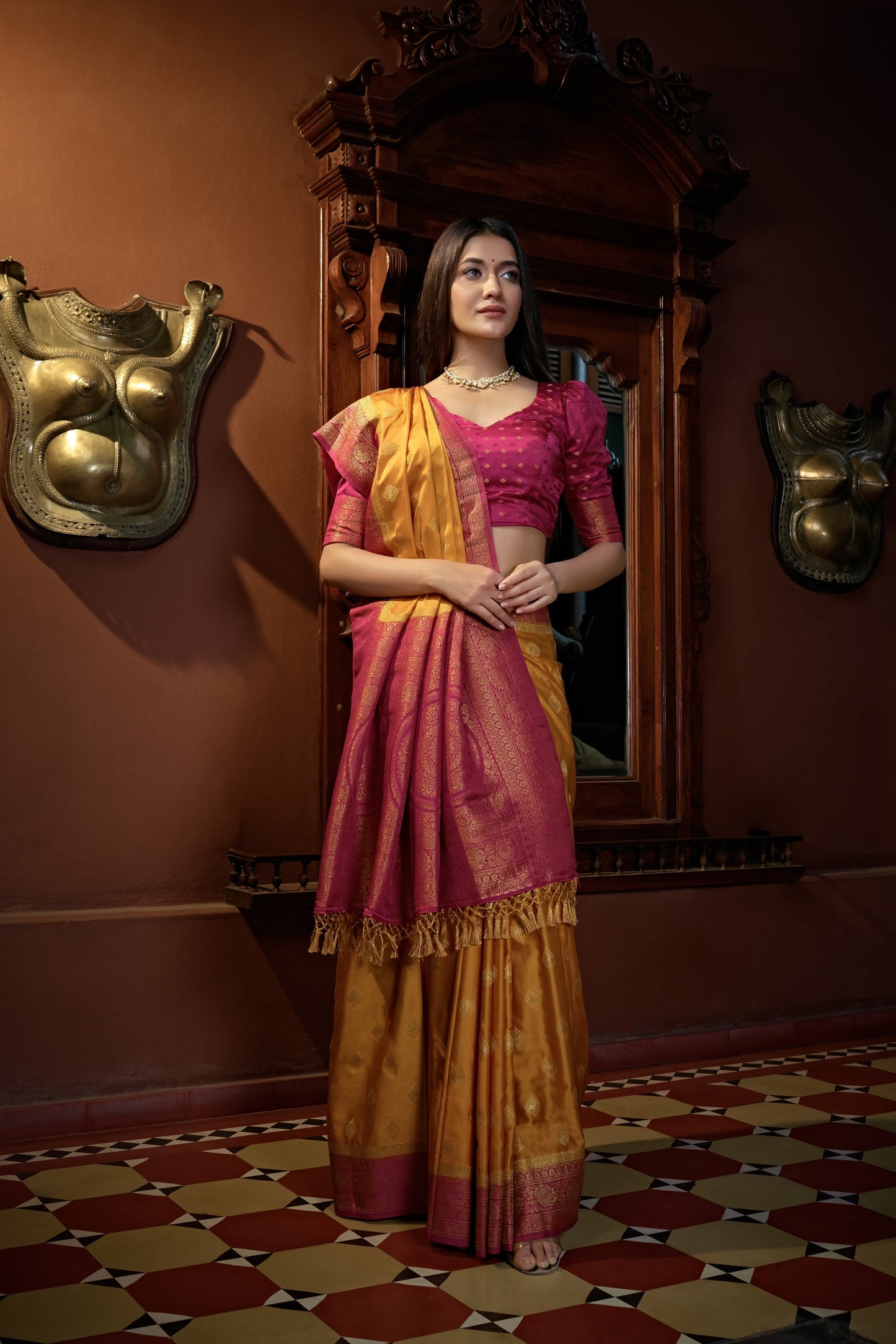 Vardha Sunset Yellow Golden Zari Banarasi Satin Silk Saree | Swadesiicart