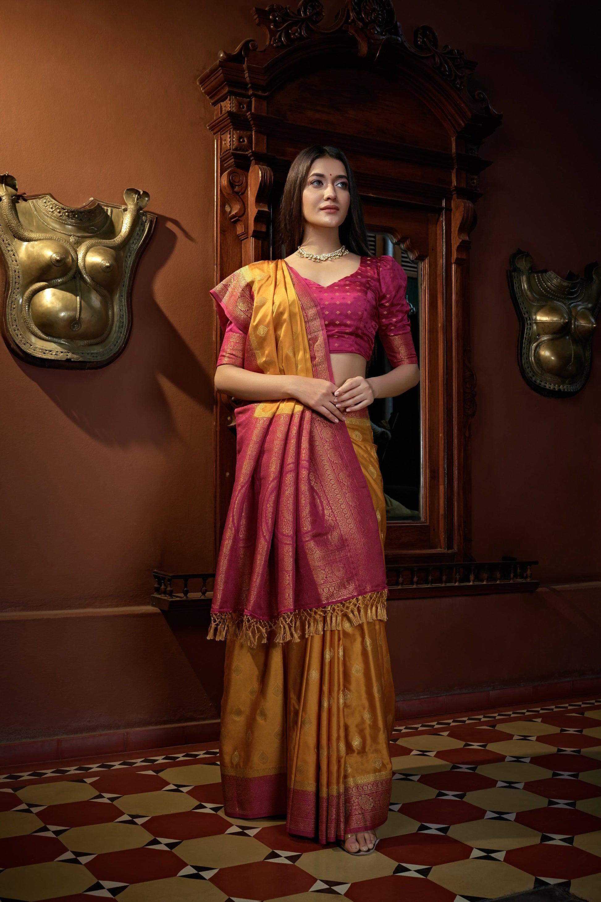 Vardha Sunset Yellow Golden Zari Banarasi Satin Silk Saree | Swadesiicart