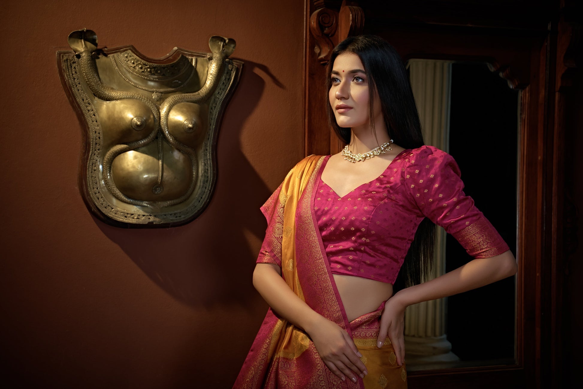 Vardha Sunset Yellow Golden Zari Banarasi Satin Silk Saree | Swadesiicart