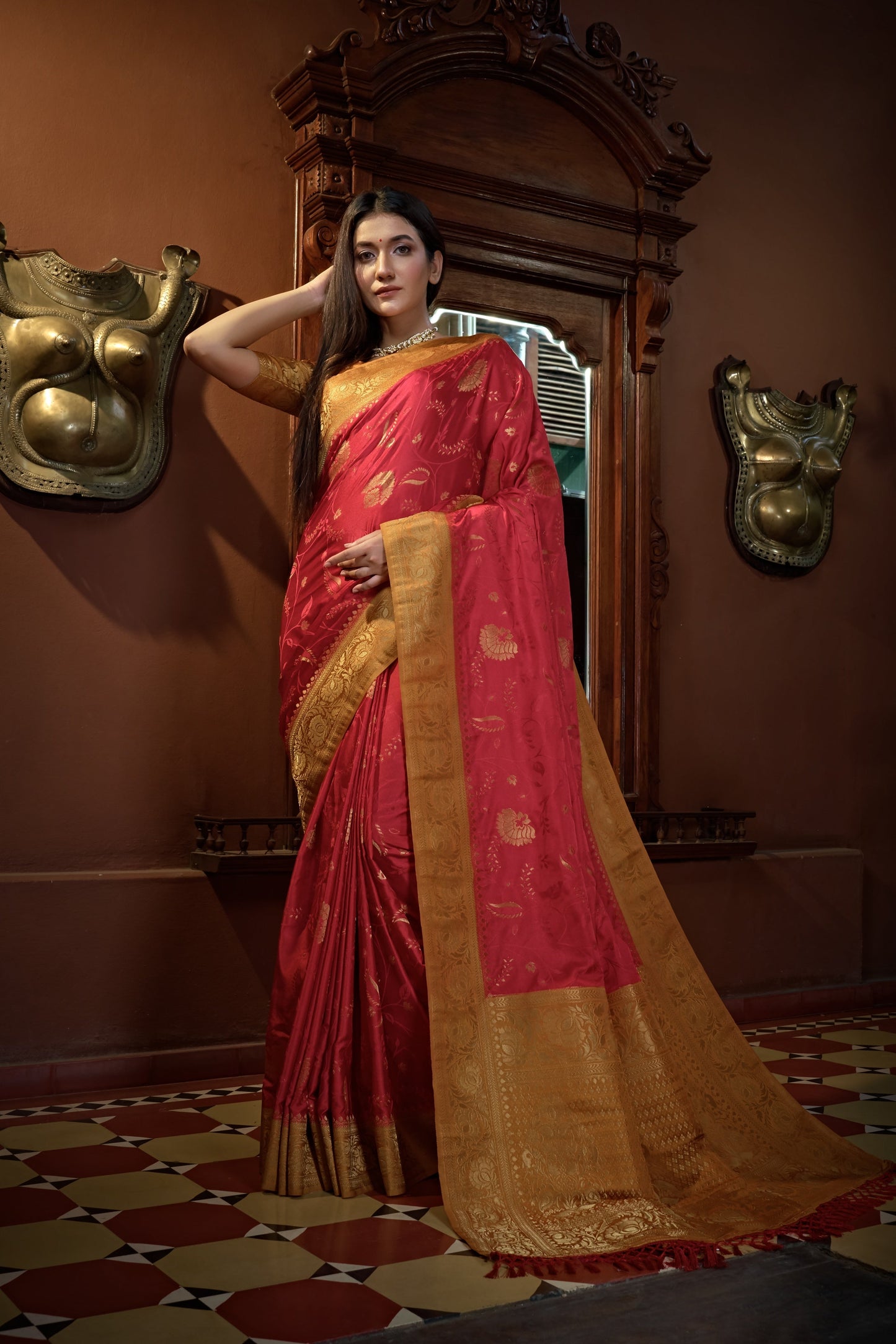 Vardha Myrtle Red Golden Zari Banarasi Satin Silk Saree | Swadesiicart