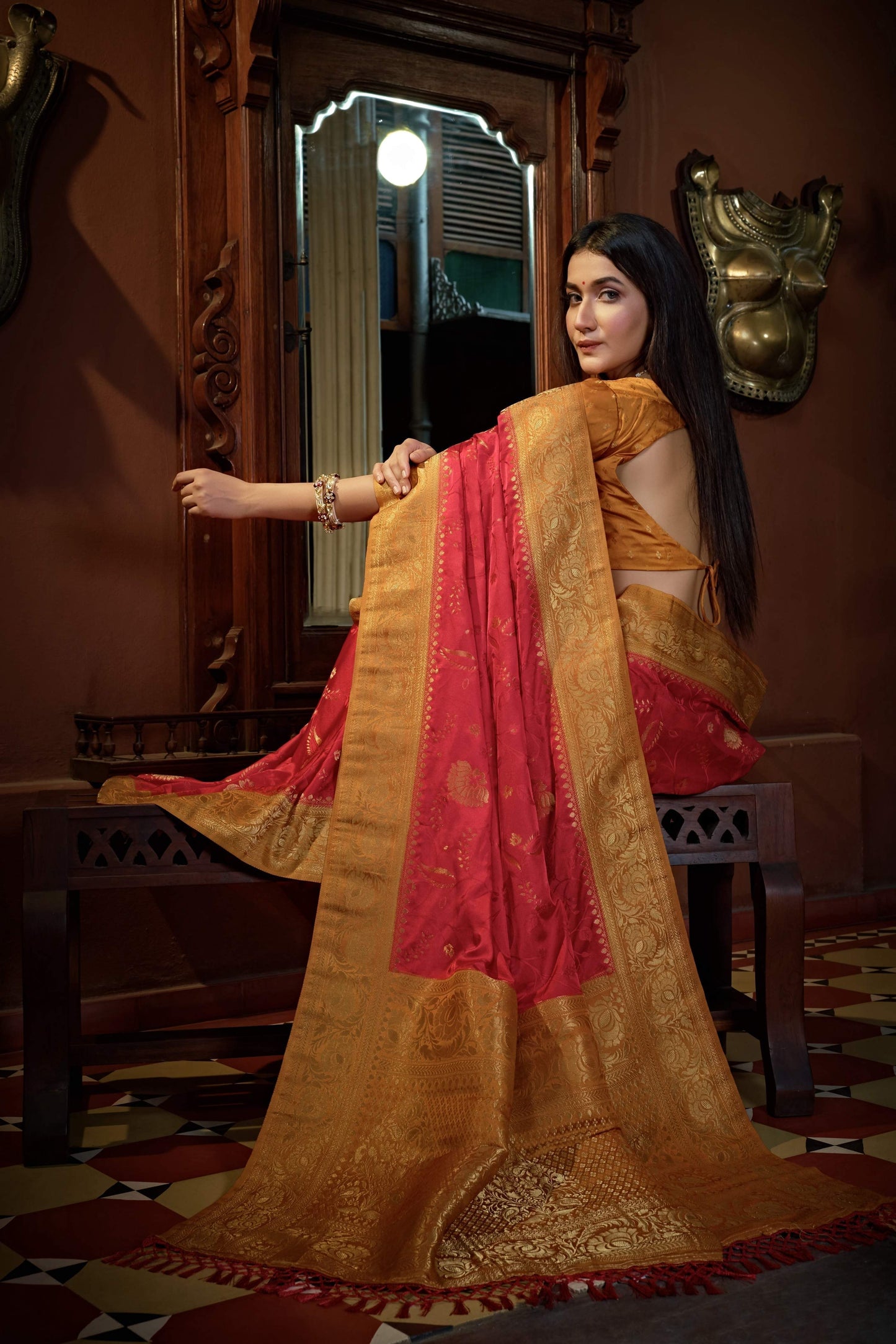 Vardha Myrtle Red Golden Zari Banarasi Satin Silk Saree | Swadesiicart