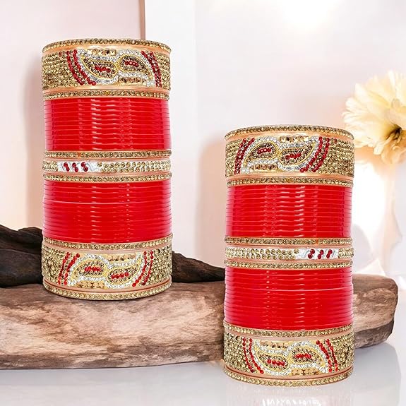 Tehzeeb Creations Bridal Bangle Set Designer Golden White & Red Stone Chuda Bridal Wedding Choora Fashion Chura For Women - Swadesiicart