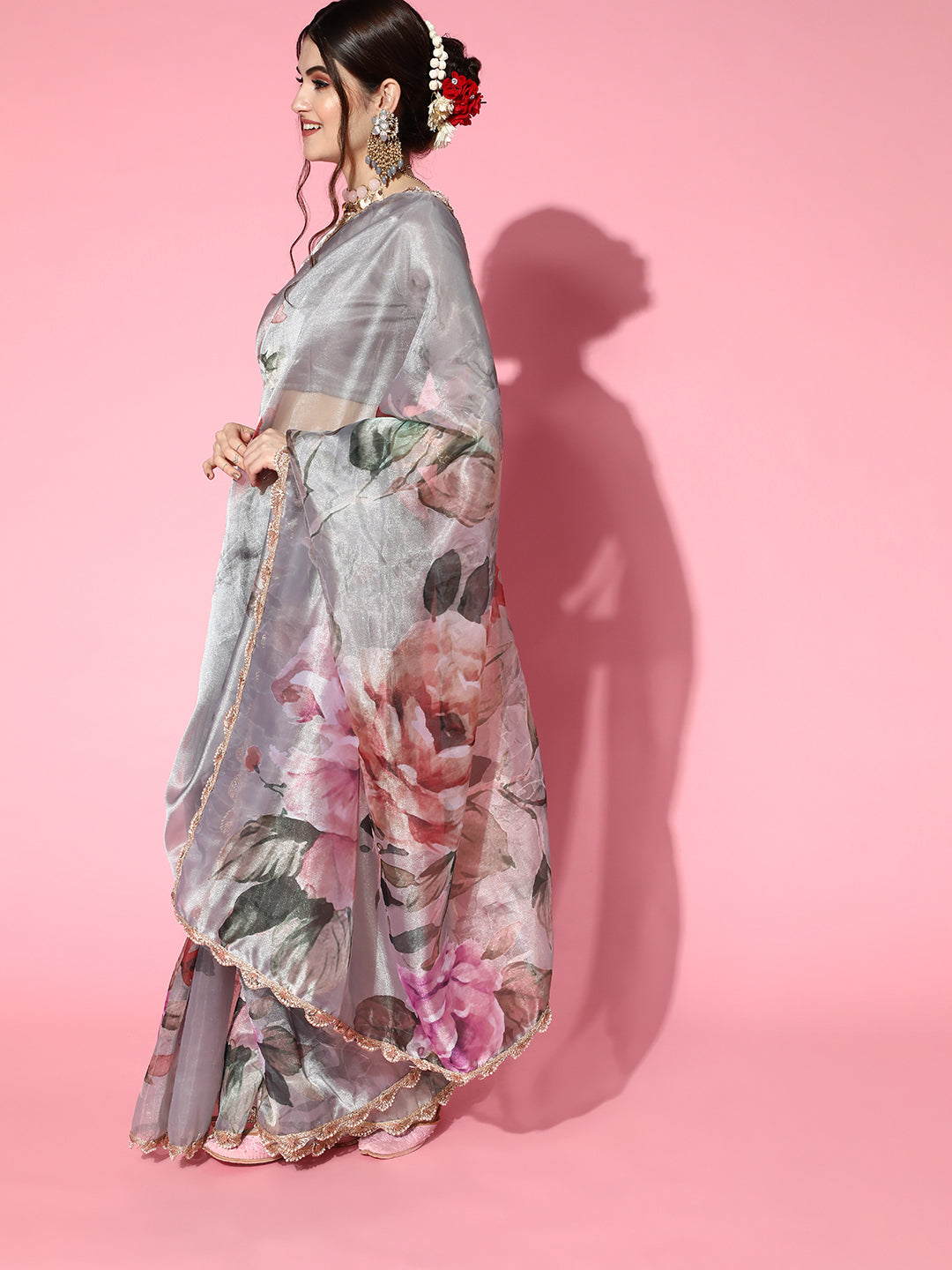 Tikhi Imli Grey Saree with Zari border | Swadesiicart