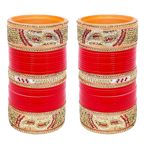 Tehzeeb Creations Bridal Bangle Set Designer Golden White & Red Stone Chuda Bridal Wedding Choora Fashion Chura For Women - Swadesiicart