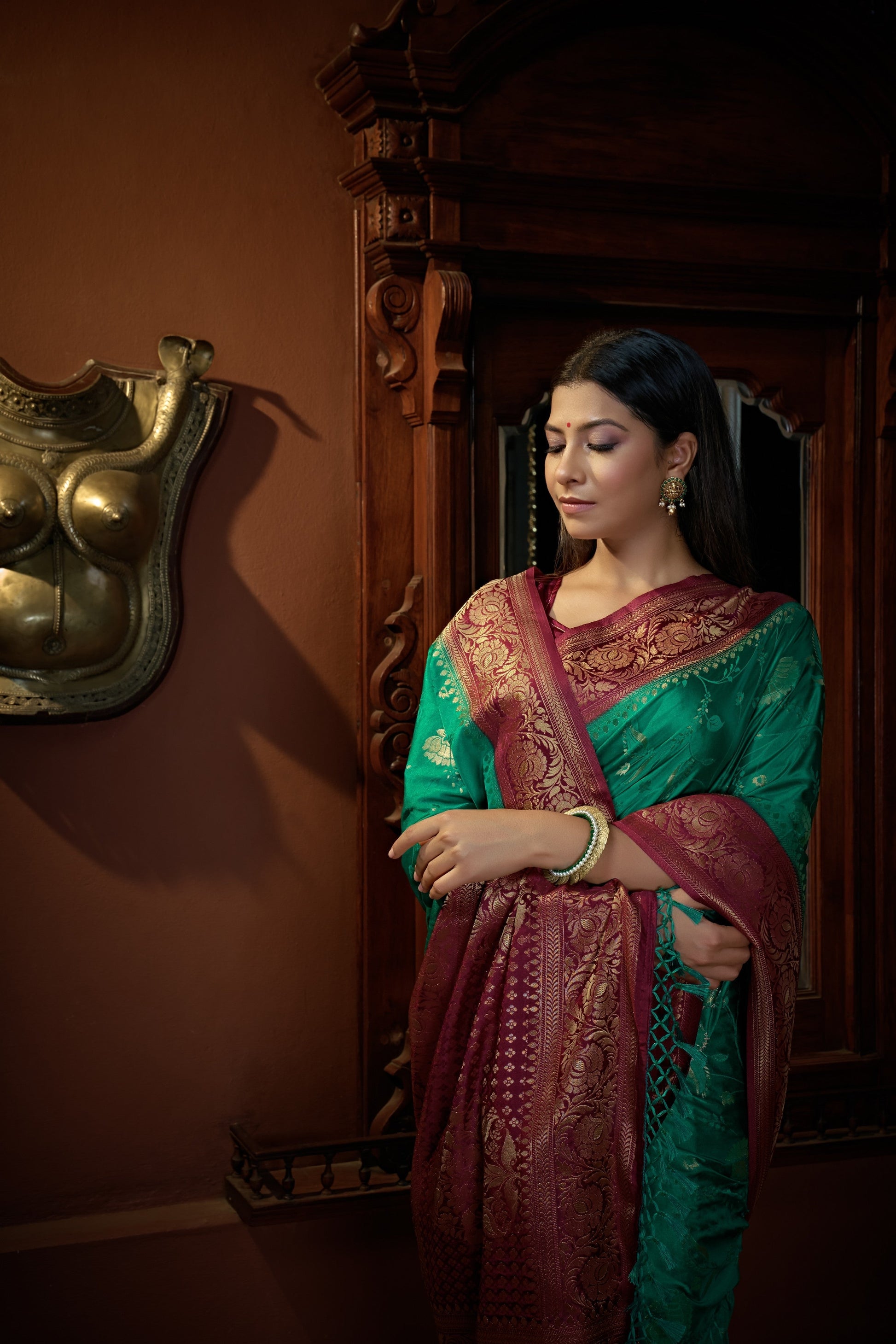 Vardha Indigo Blue Golden Zari Banarasi Satin Silk Saree | Swadesiicart