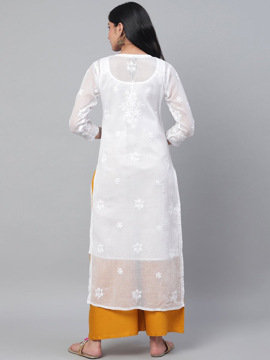 ADA Women White Chikankari Hand Embroidered Semi-Sheer Straight Kota Handloom Kurta | Swadesiicart