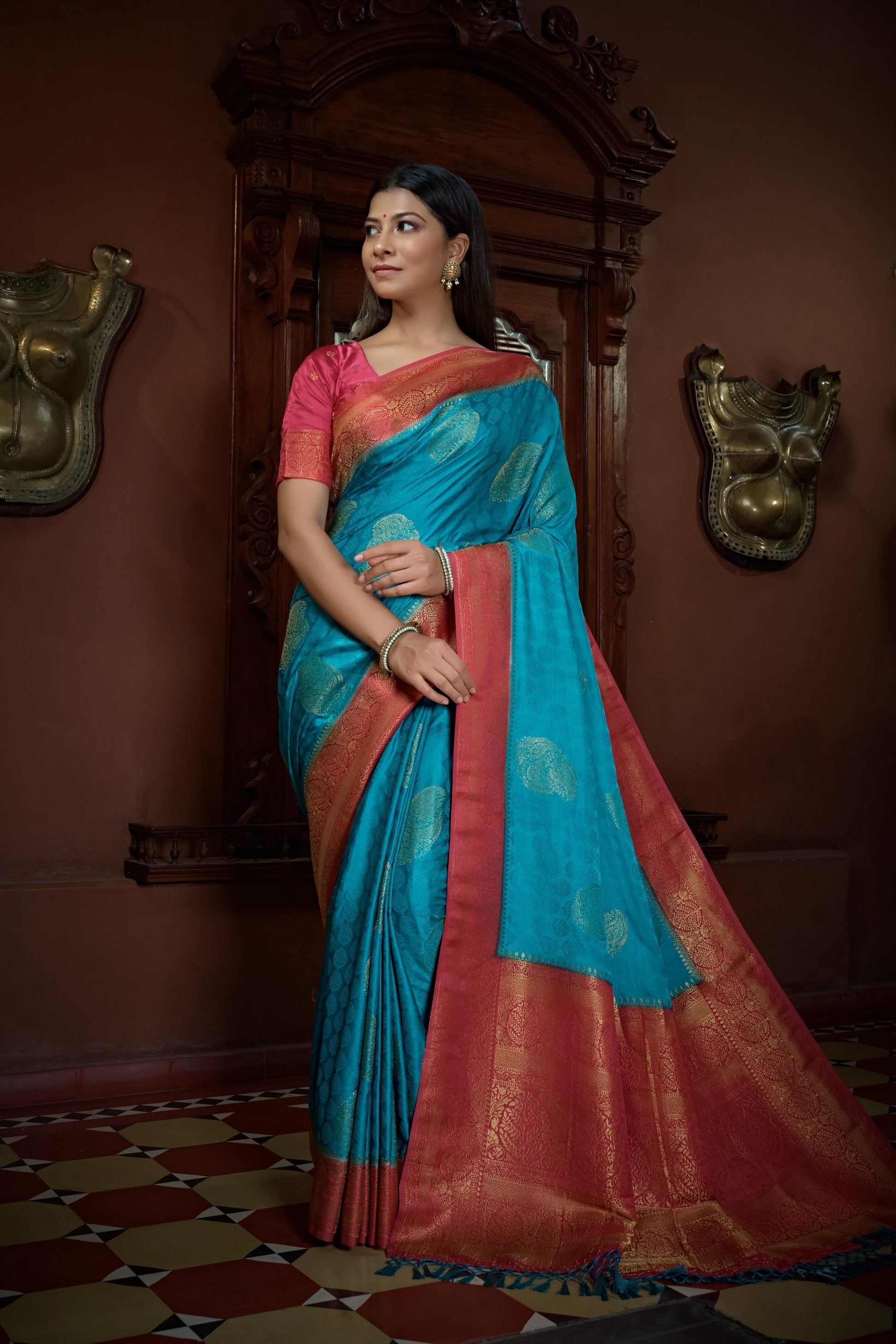 Vardha Crimson Red Golden Zari Banarasi Satin Silk Saree | Swadesiicart