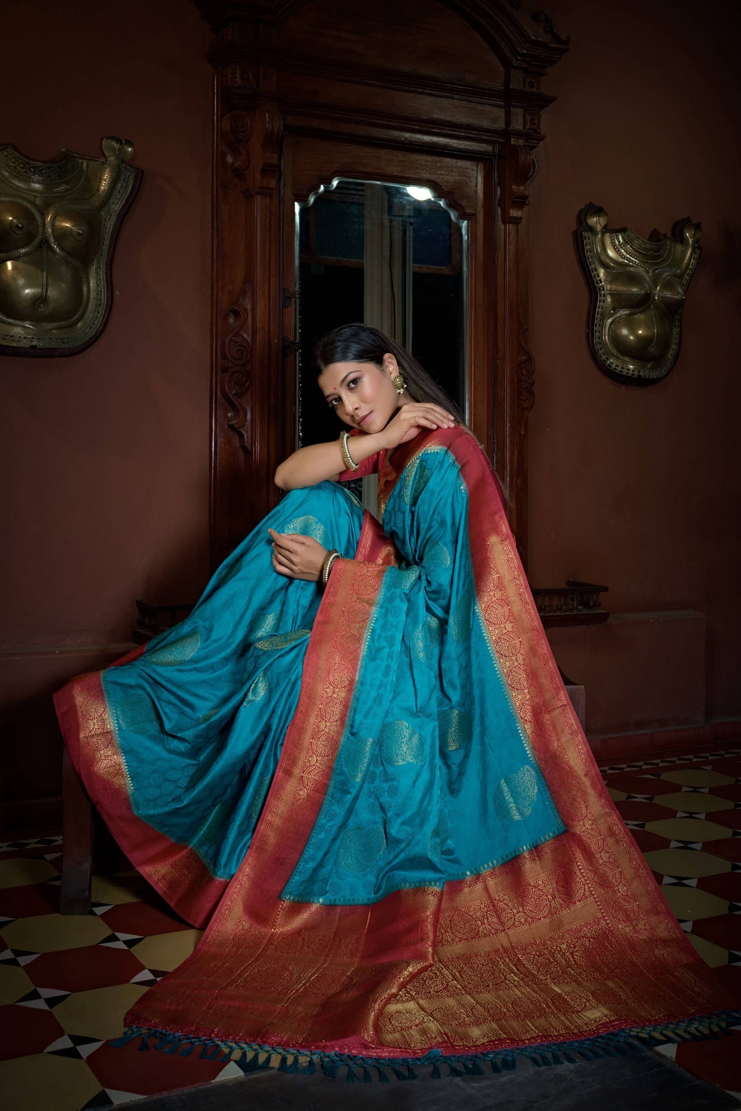 Vardha Crimson Red Golden Zari Banarasi Satin Silk Saree | Swadesiicart