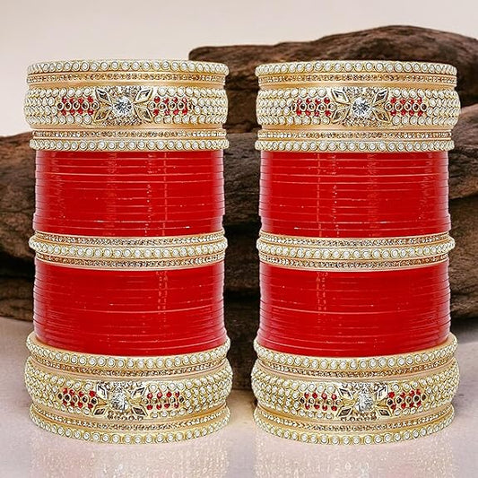 Tehzeeb Creations Bridal Bangle Set Red Designer Chura Wedding Punjabi Choora Fashion Jewellery Chuda Set for Women - Swadesiicart
