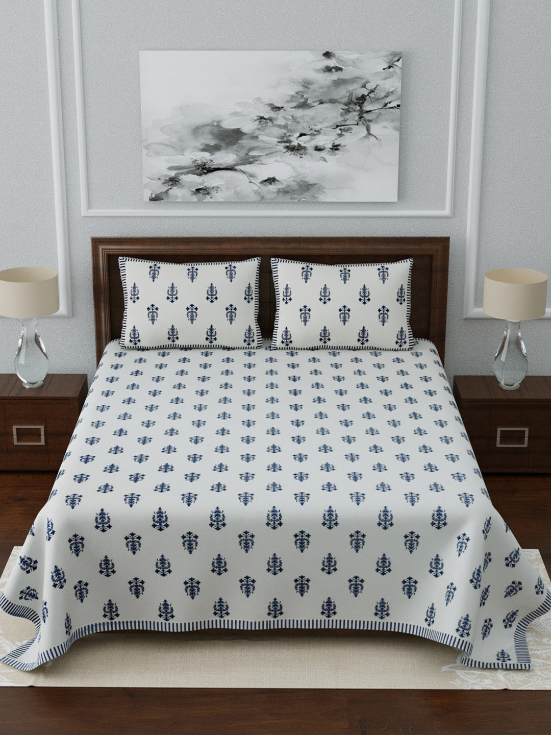 LIVING ROOTS White & Navy Blue Printed 210 TC Cotton 1 Extra Large Bedsheet with 2 Pillow Covers - Swadesiicart