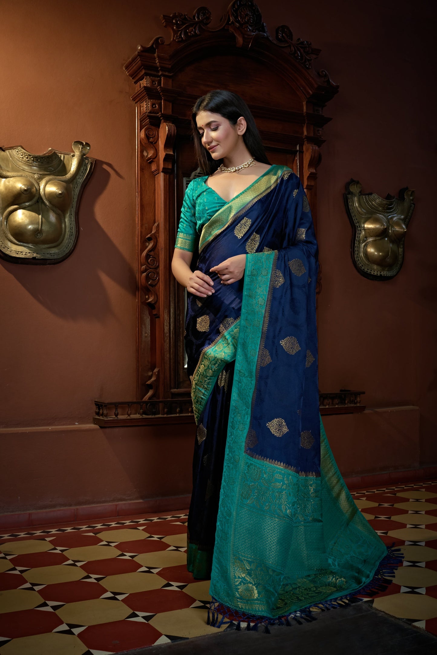 Vardha Cobalt Blue Golden Zari Banarasi Satin Silk Saree | Swadesiicart