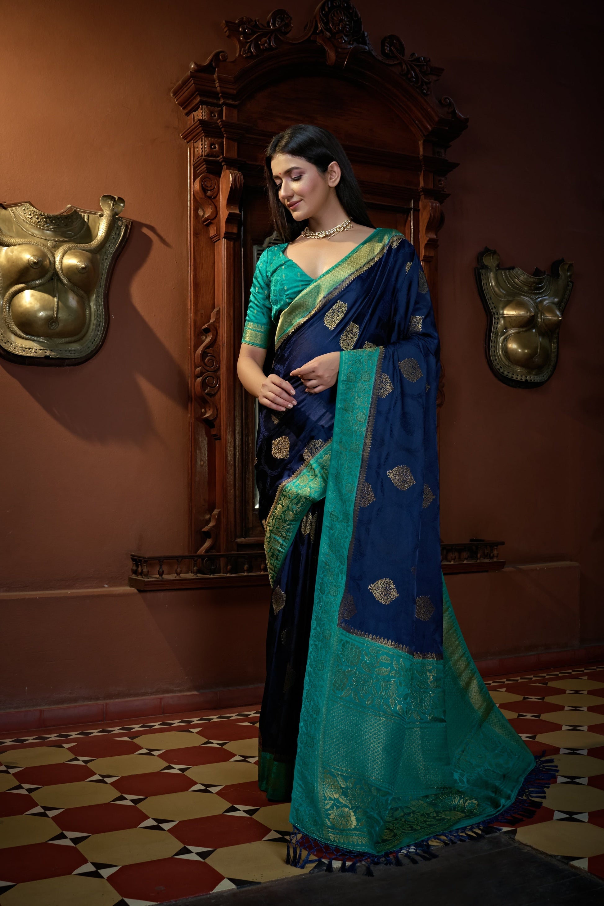 Vardha Cobalt Blue Golden Zari Banarasi Satin Silk Saree | Swadesiicart