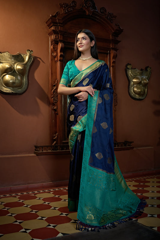 Vardha Cobalt Blue Golden Zari Banarasi Satin Silk Saree | Swadesiicart