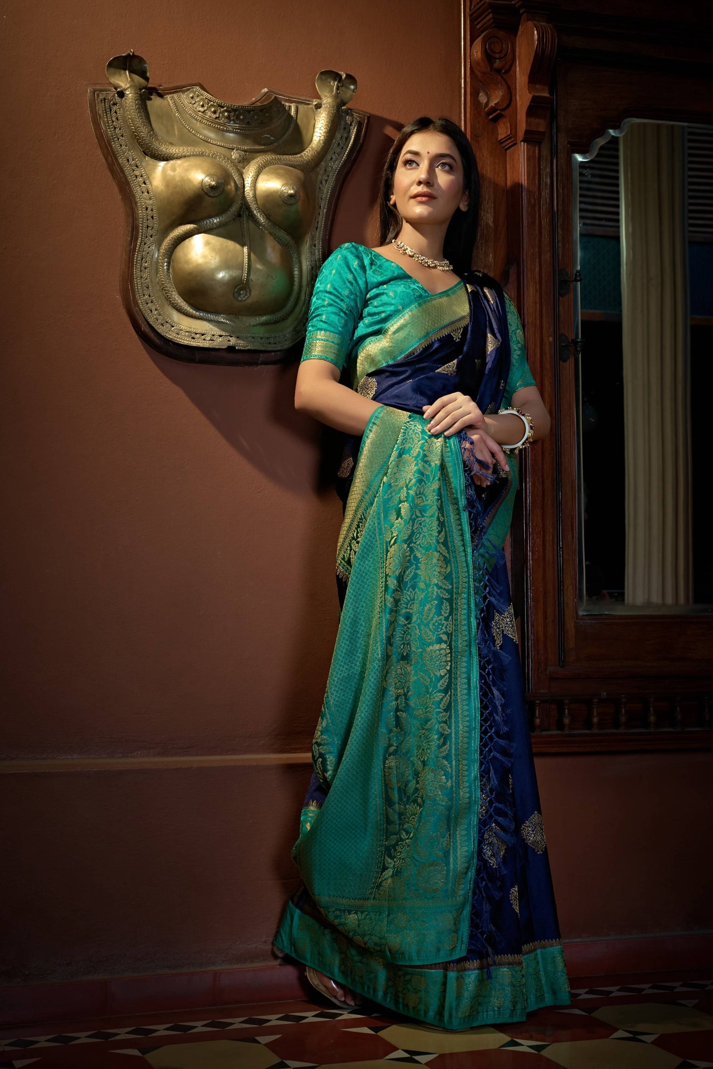 Vardha Cobalt Blue Golden Zari Banarasi Satin Silk Saree | Swadesiicart