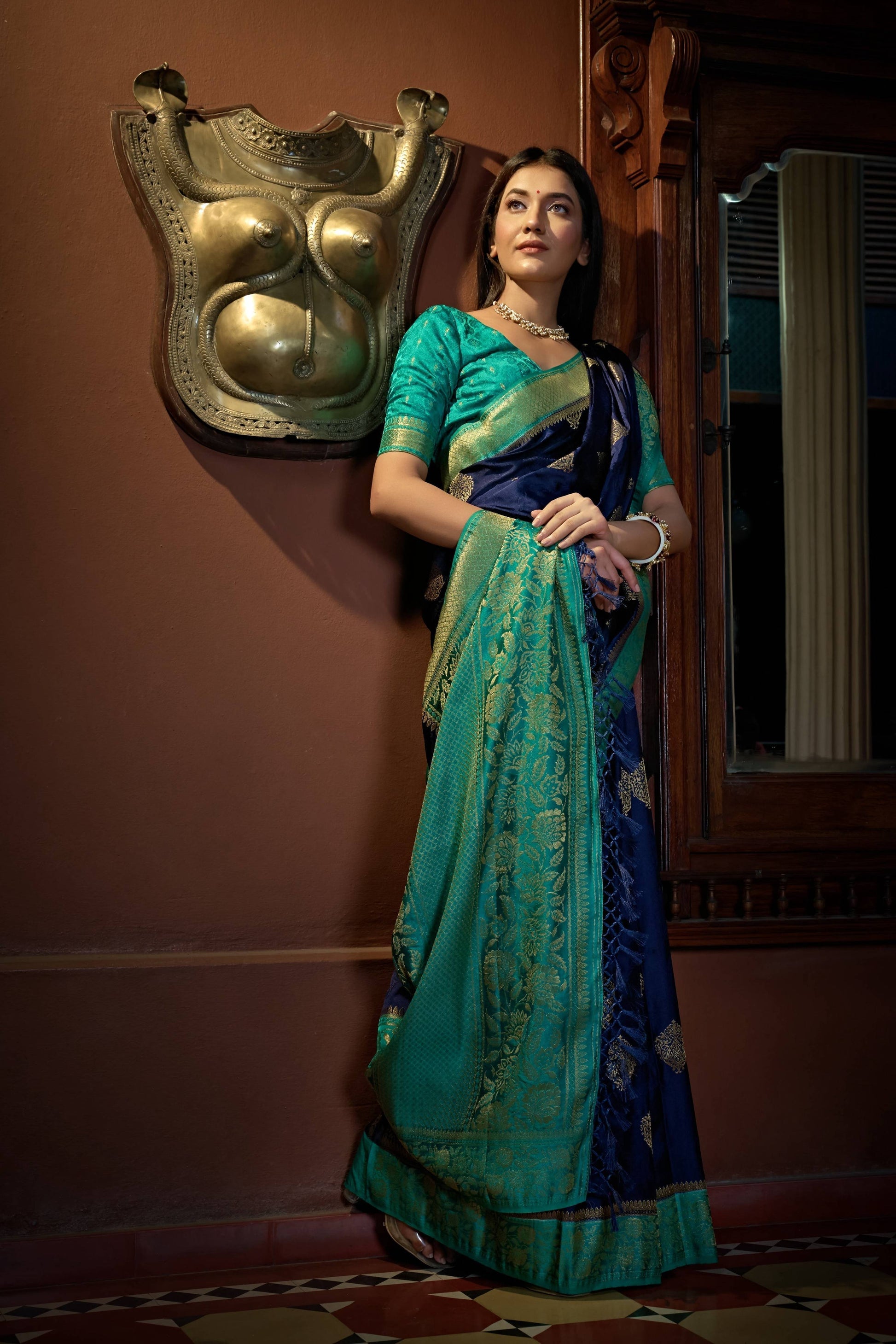 Vardha Cobalt Blue Golden Zari Banarasi Satin Silk Saree | Swadesiicart