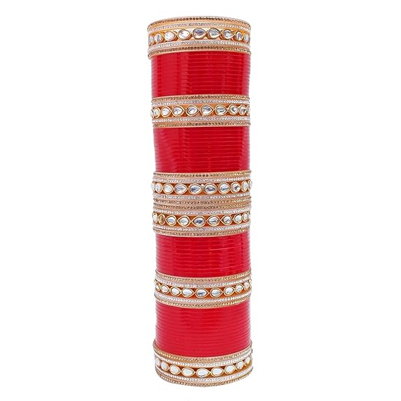 Tehzeeb Creations Bridal Bangle Set Chura Red White Kundan & Golden Stone Choora Wedding Punjabi Chuda for Women - Swadesiicart