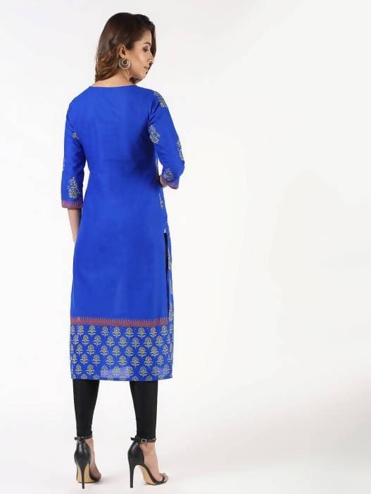 Aniyah Cotton Block Printed Straight Kurta Blue (AN-140K) - Swadesiicart
