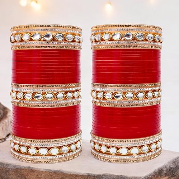 Tehzeeb Creations Bridal Bangle Set Chura Red White Kundan & Golden Stone Choora Wedding Punjabi Chuda for Women - Swadesiicart