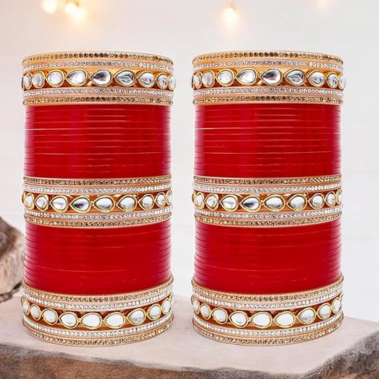 Tehzeeb Creations Bridal Bangle Set Chura Red White Kundan & Golden Stone Choora Wedding Punjabi Chuda for Women - Swadesiicart