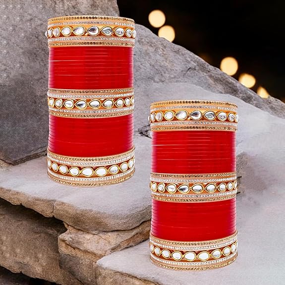 Tehzeeb Creations Bridal Bangle Set Chura Red White Kundan & Golden Stone Choora Wedding Punjabi Chuda for Women - Swadesiicart