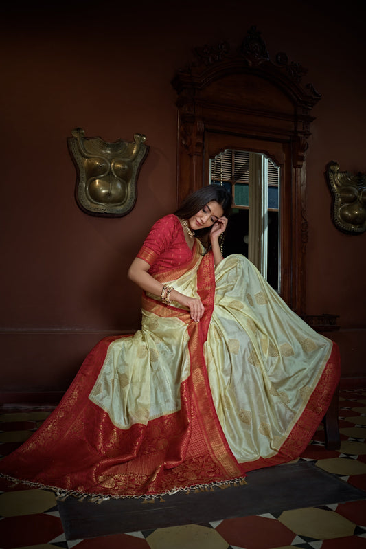 Vardha Parchment White Golden Zari Banarasi Satin Silk Saree | Swadesiicart