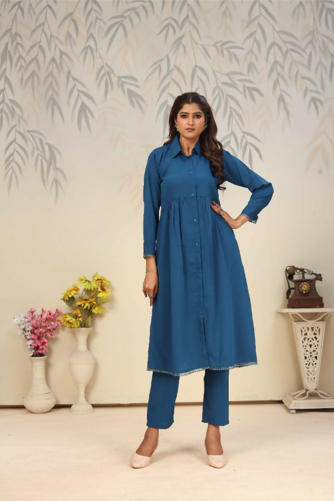 Jyoti Fashion Women's Blue Rinkal Cotton Plain with Side Pocket Kurtis & Sets | Swadesiicart