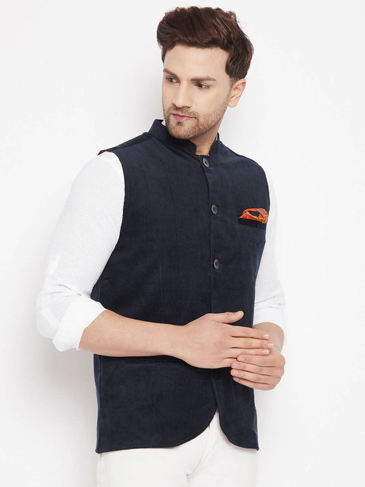 Even Apparels Navy Polyester Men's Nehru Jacket-Contrast Lining-Inbuilt Pocket Square | Swadesiicart