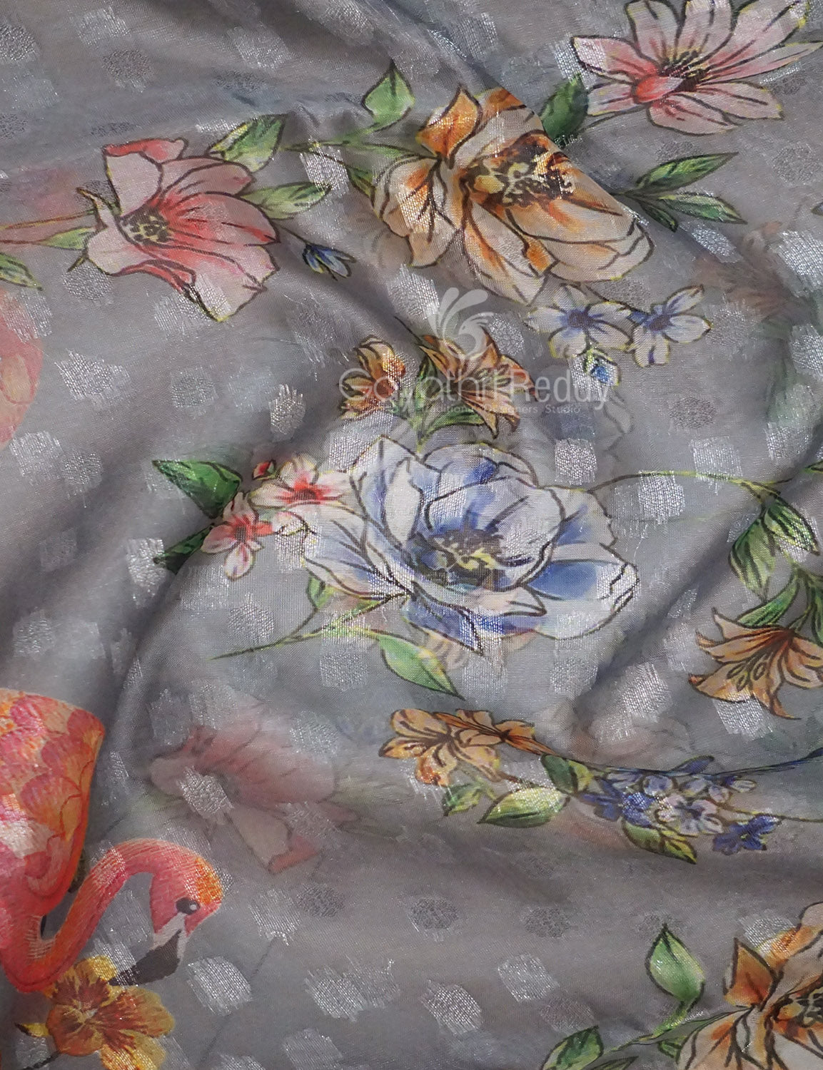 Shades of Grey Colour Floral Design Banaras Semi Silk Saree By Gayathri Reddy Designer Studio | Swadesiicart