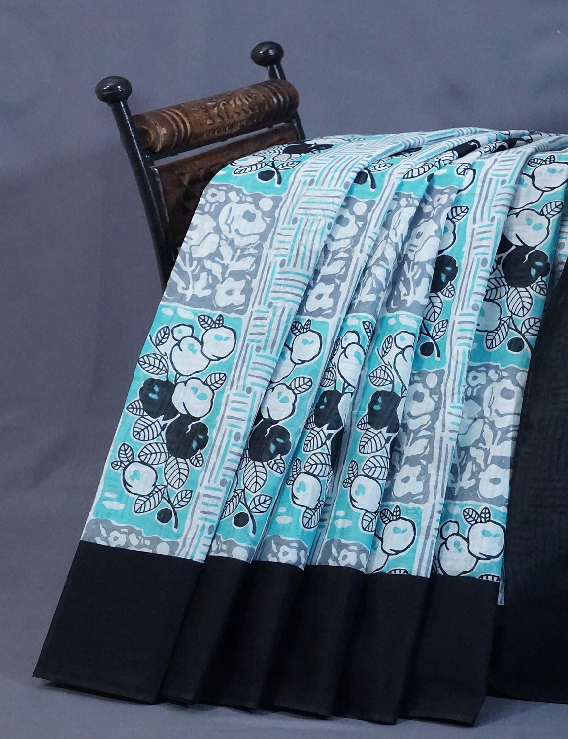 Shades of Sky Blue And Black Colour Floral Print Pure Mulmul Cotton Saree By Gayathri Reddy Designer Studio | Swadesiicart