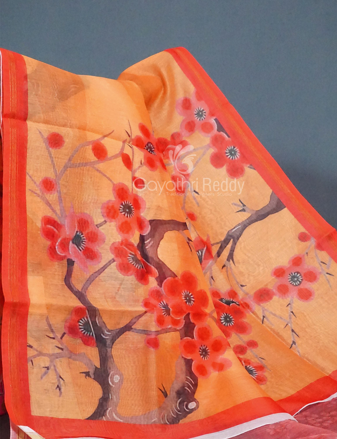 Shades of Light Orange Floral Print Semi Chanderi Saree By Gayathri Reddy Designer Studio | Swadesiicart