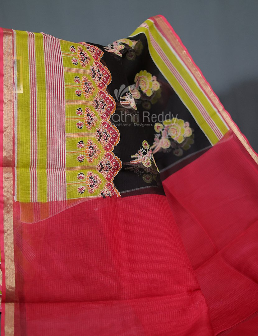 Shades of Black With Block Design Pure Kota Cotton Saree By Gayathri Reddy Designer Studio | Swadesiicart