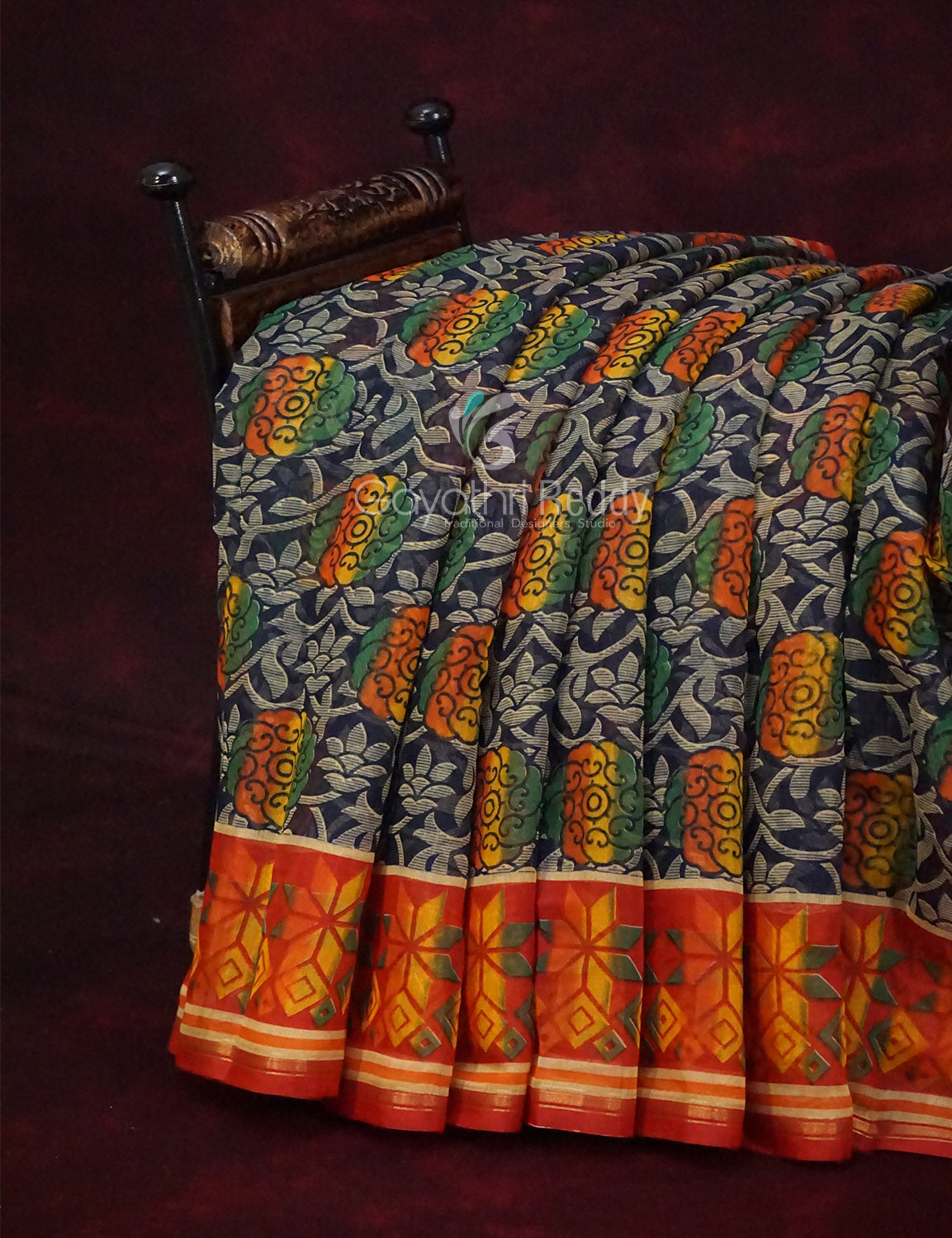 Shades of Dark Navy Blue With Orange Blouse Creeper Design Semi Chanderi Saree By Gayathri Reddy Designer Studio | Swadesiicart