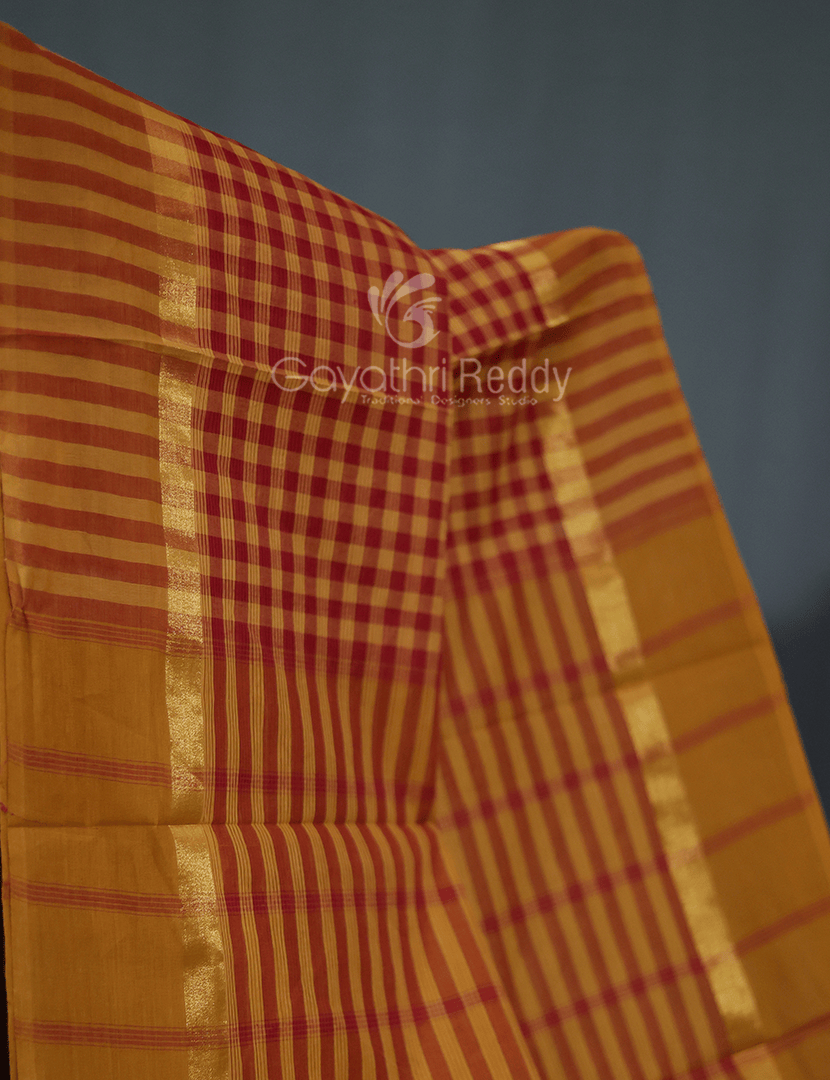 Mustard And Maroon Combo With Checks Pure Mangalgiri Cotton Saree By Gayathri Reddy Designer Studio | Swadesiicart