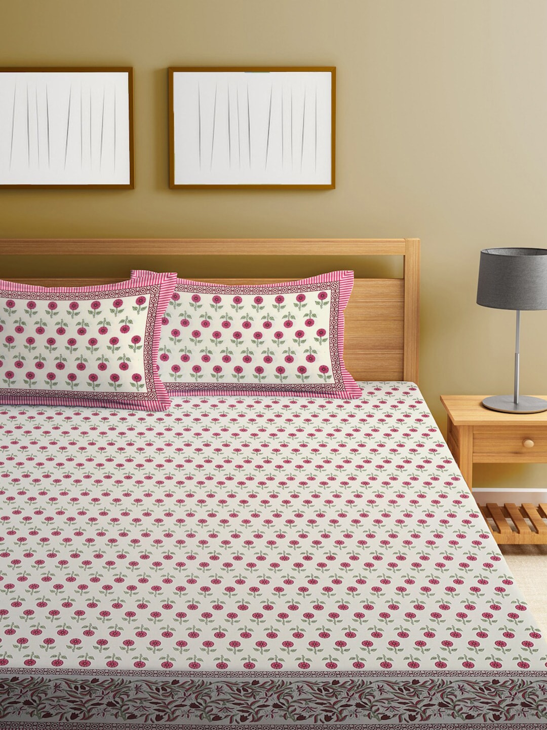 Rajasthan Decor White & Pink Ethnic Motifs 144 TC King Bedsheet with 2 Pillow Covers - Swadesiicart