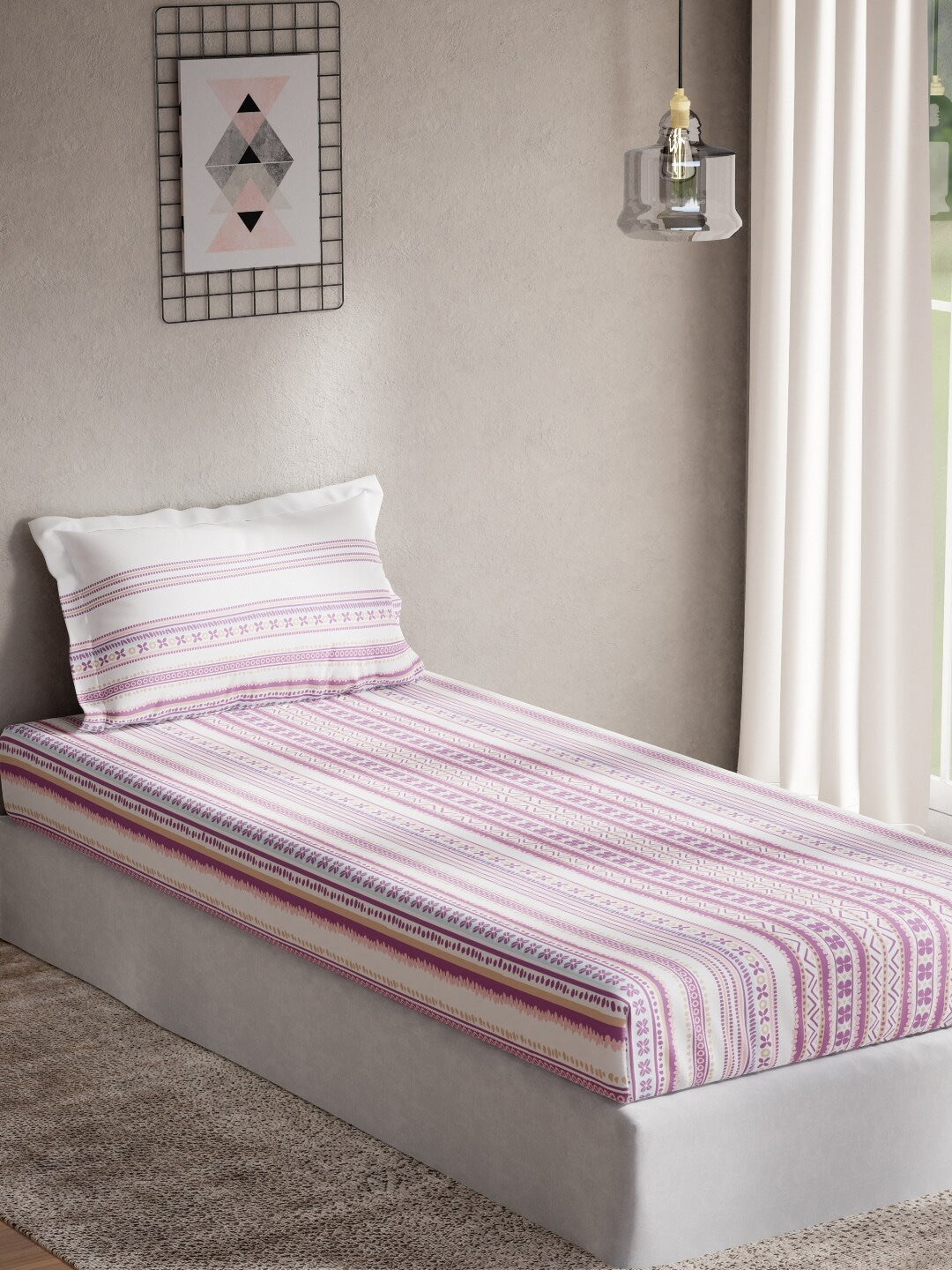 DDecor Purple & White Ethnic Motifs 144 TC Cotton Single Bedsheet with 1 Pillow Cover - Swadesiicart