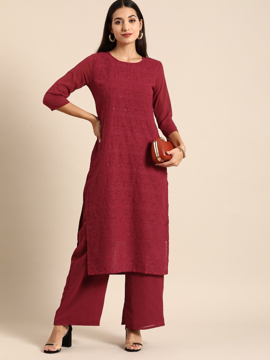 All About You Women Maroon Ethnic Motifs Embroidered Chikankari Kurta with Palazzos | Swadesiicart