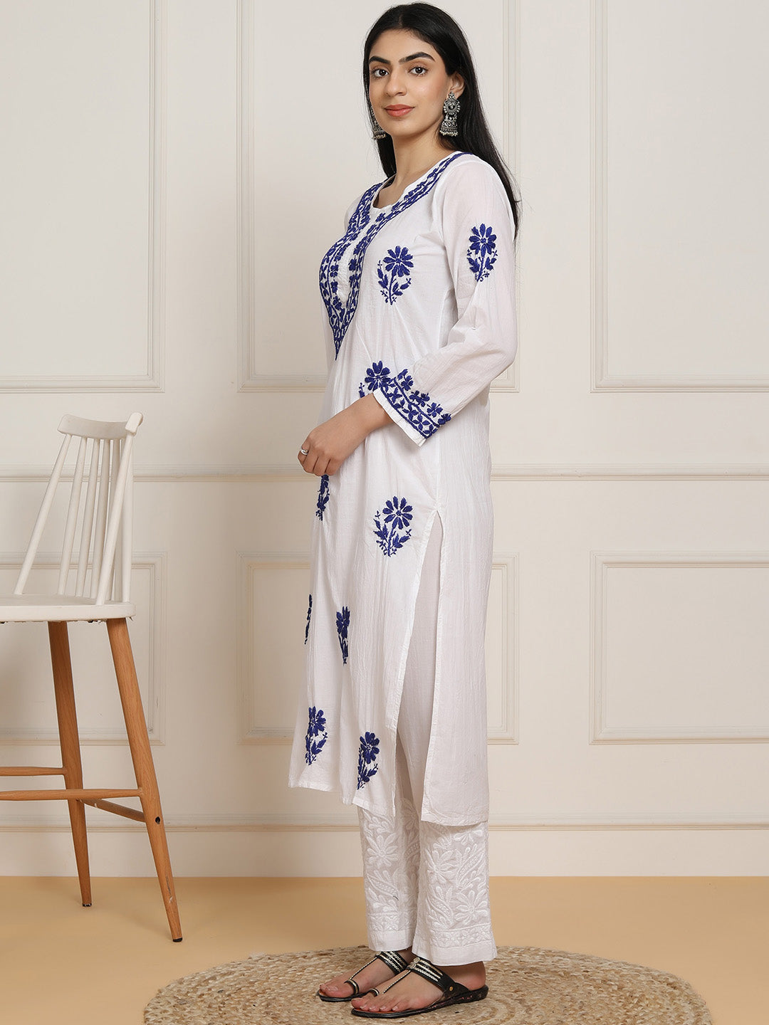 HOUSE OF KARI Women Ethnic Motifs Embroidered Regular Chikankari Pure Cotton Kurta with Trousers | Swadesiicart