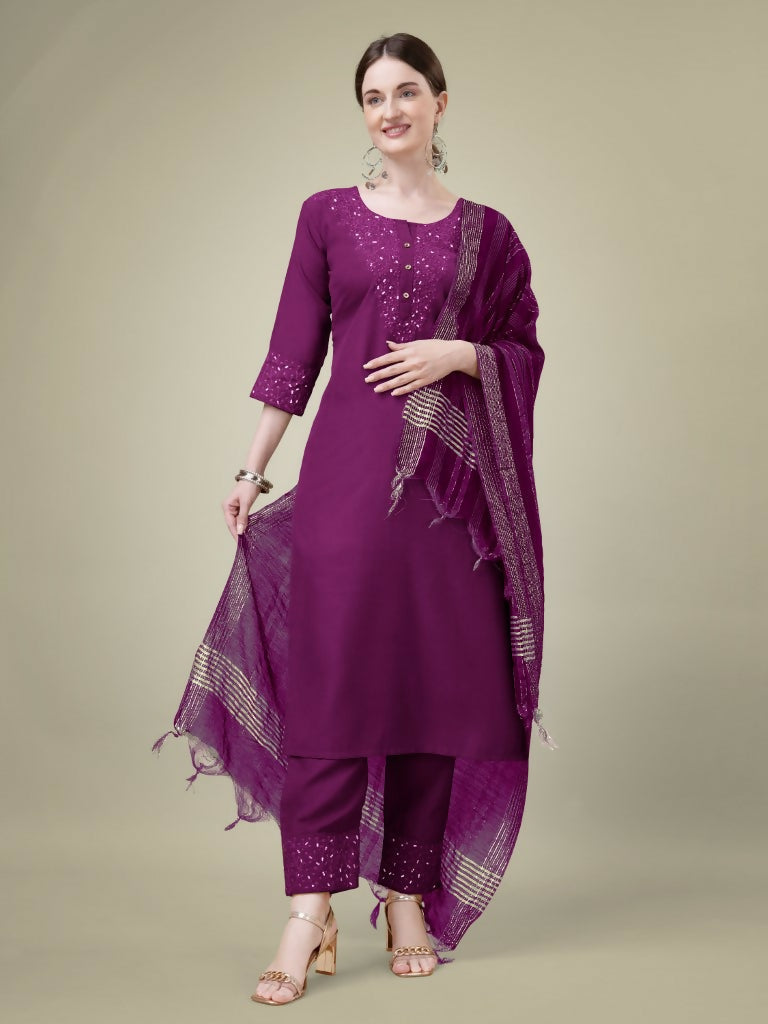 Jyoti Fashion Women's Purple Cotton Blend Embroidery & Sequence work Kurta with Trouser & Dupatta | Swadesiicart