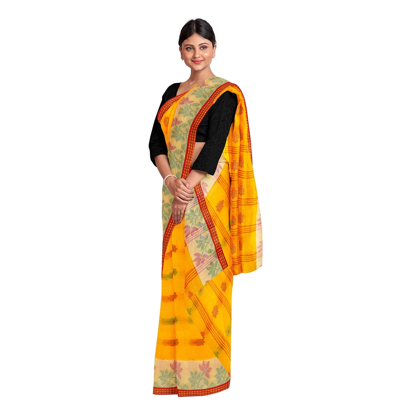 Exclusive Collection 100% Pure Cotton Yellow Tant Saree With Hand Weaving Work - Swadesiicart