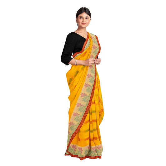 Exclusive Collection 100% Pure Cotton Yellow Tant Saree With Hand Weaving Work - Swadesiicart