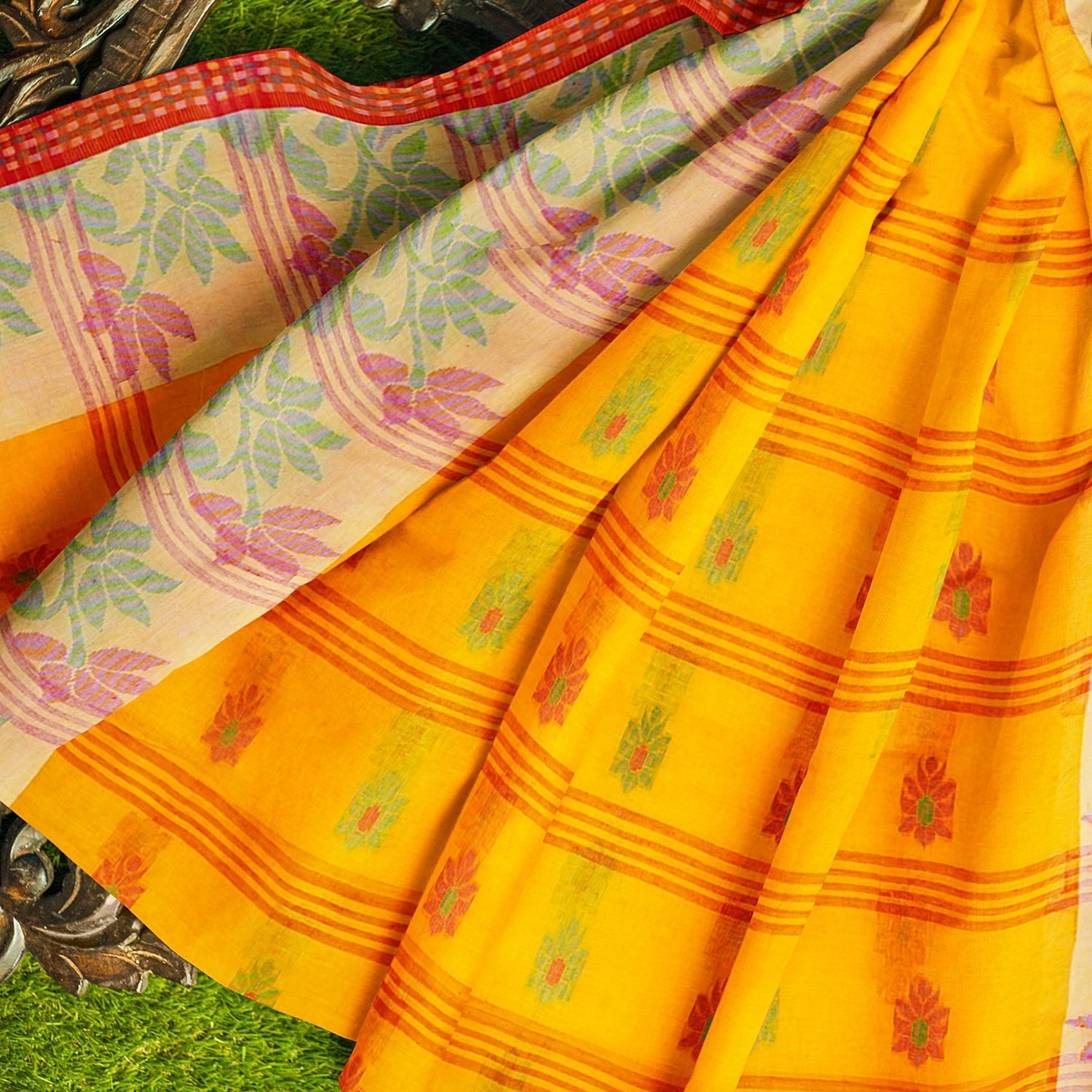 Exclusive Collection 100% Pure Cotton Yellow Tant Saree With Hand Weaving Work - Swadesiicart
