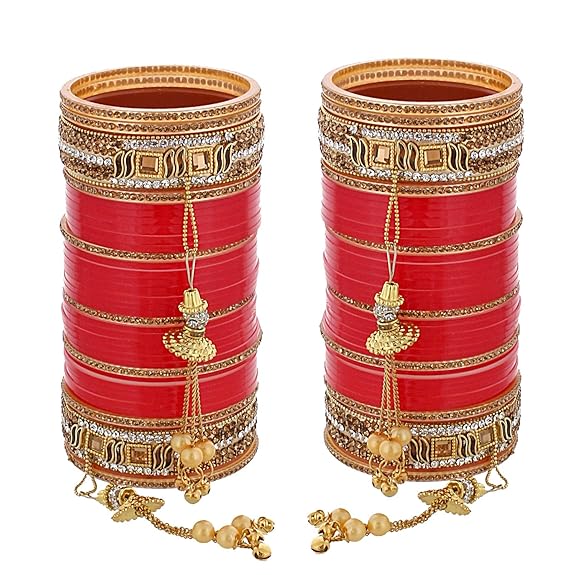 Tehzeeb Creations Bridal Bangle Set Wedding Punjabi chuda Designer chura CZ Stone Red Color choora Set for Women - Swadesiicart