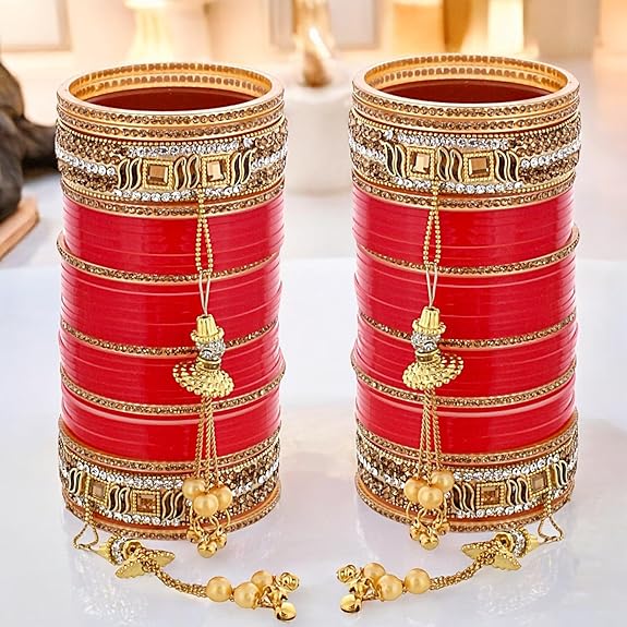 Tehzeeb Creations Bridal Bangle Set Wedding Punjabi chuda Designer chura CZ Stone Red Color choora Set for Women - Swadesiicart