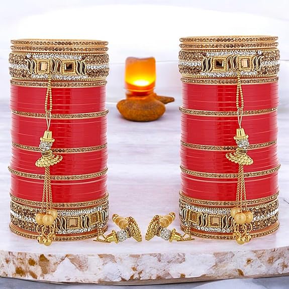 Tehzeeb Creations Bridal Bangle Set Wedding Punjabi chuda Designer chura CZ Stone Red Color choora Set for Women - Swadesiicart