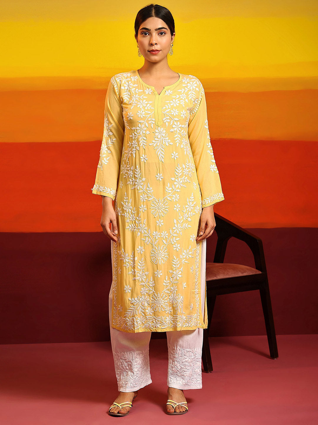 HOUSE OF KARI Ethnic Motifs Embroidered Chikankari Straight Kurta | Swadesiicart