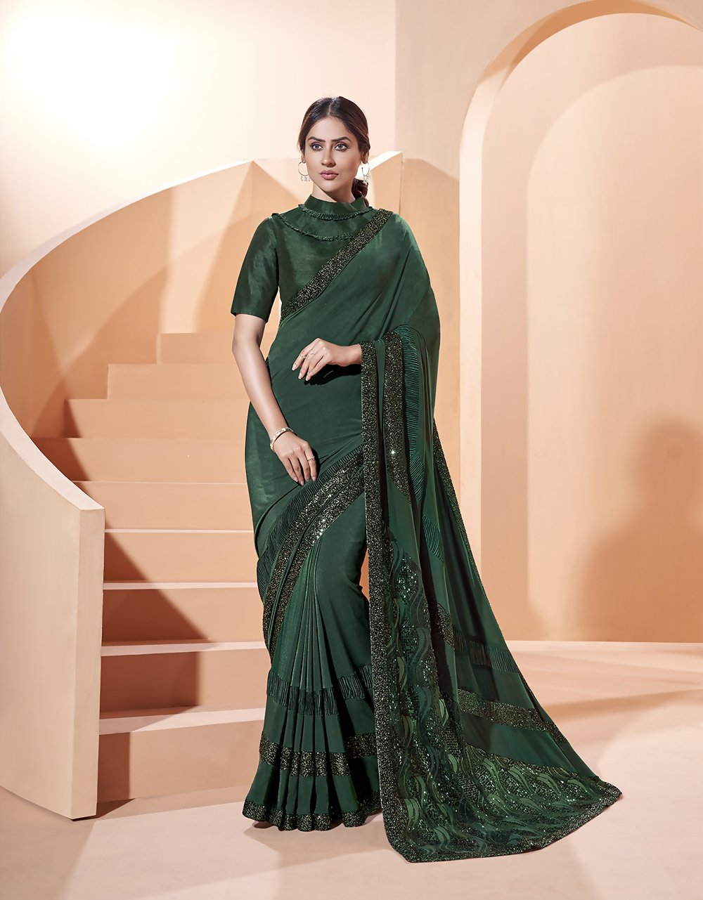 Green Lycrathread, Sequins And Fur Embroidery Saree - Norita Hit - Swadesiicart