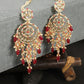 Anikas Creation Red & Gold-Polished Kundan Contemporary Chandbalis With Ear Chain Earrings | Swadesiicart