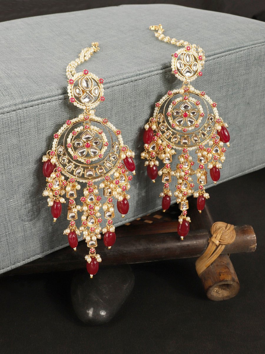 Anikas Creation Red & Gold-Polished Kundan Contemporary Chandbalis With Ear Chain Earrings | Swadesiicart